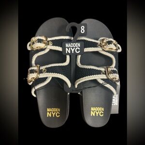 Madden NYC Black & Cream Buckle Slide Sandals - Size 8